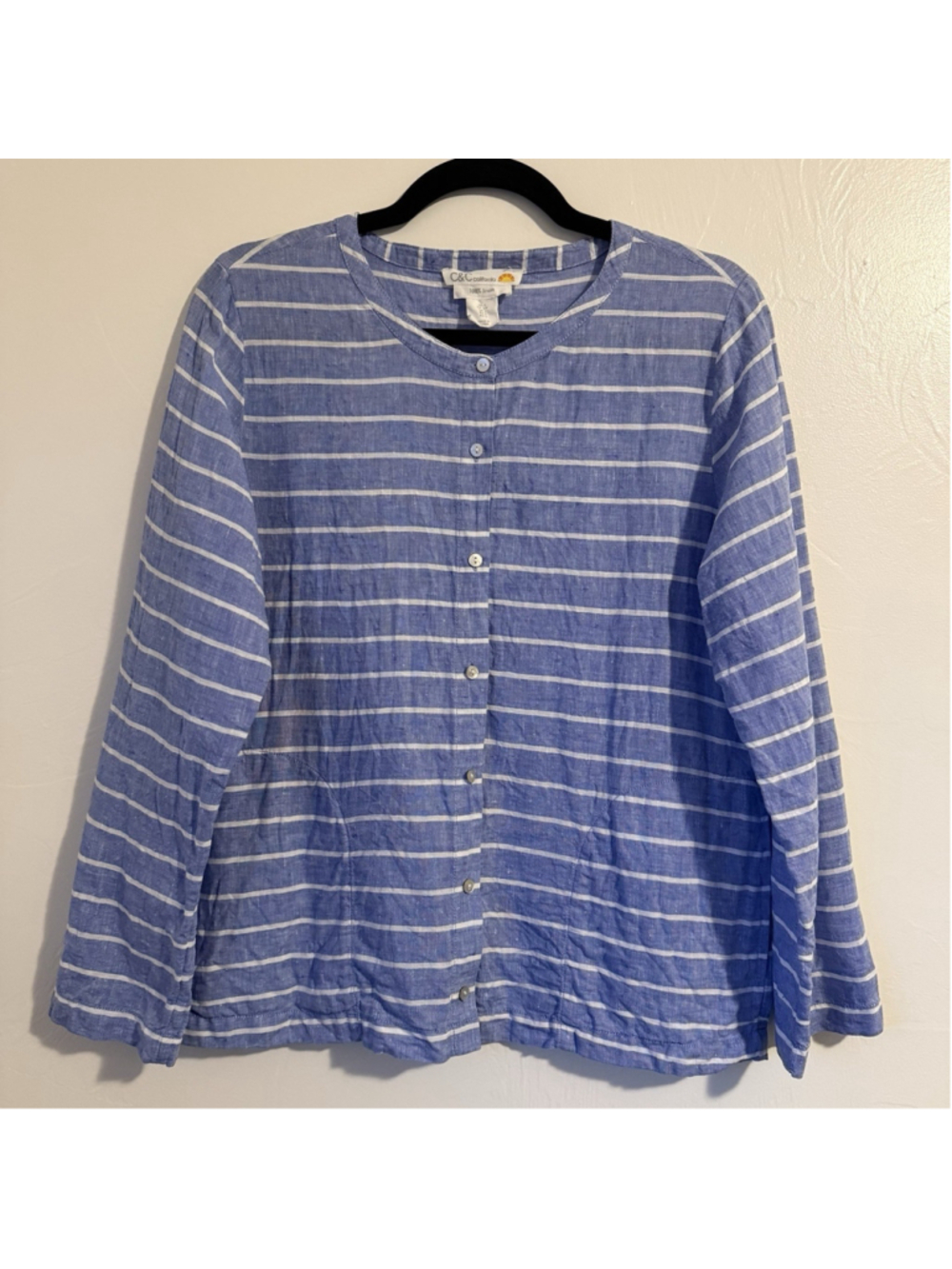 C&C California Long Sleeve Button Down Tunic Blouse Blue & White 100% Linen SM